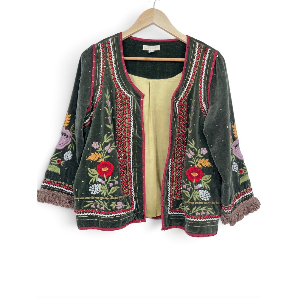 Ruby Yaya Velvet Embroidered Beaded Fringe Jacket Green Floral Boho Large
